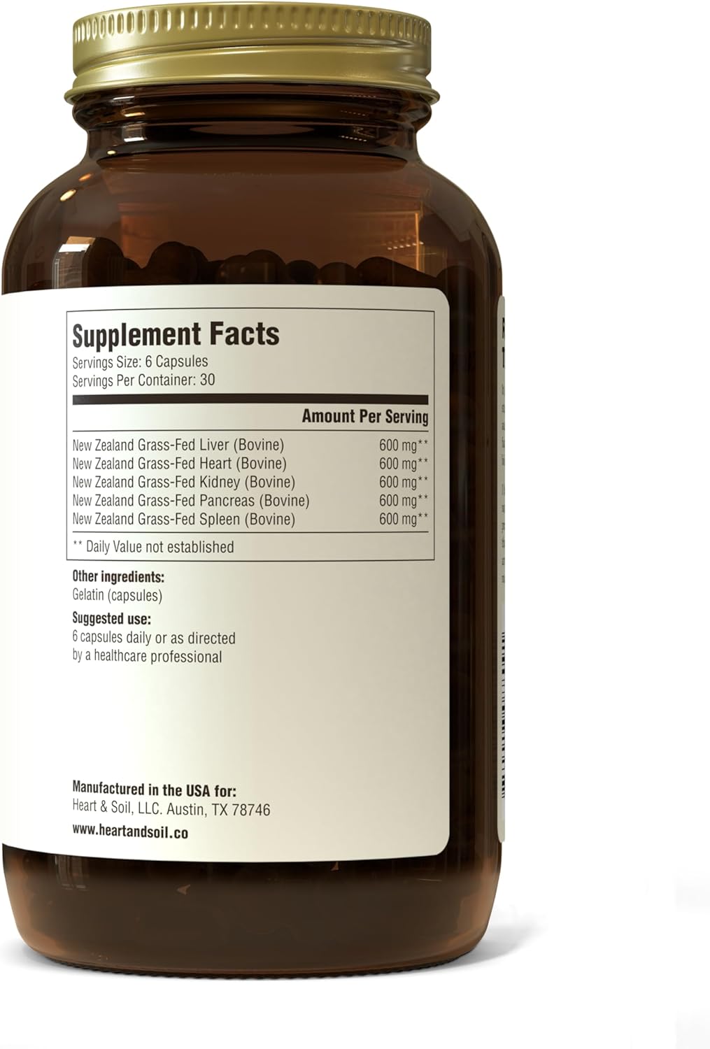 HEART & SOIL – 3000mg Grass-Fed Beef Organ Supplement for Women & Men with Liver, Heart, Kidney, Pancreas & Spleen for Full-Body Nutrition & Energy – Non-GMO, Allergen-Free – 180 Capsules