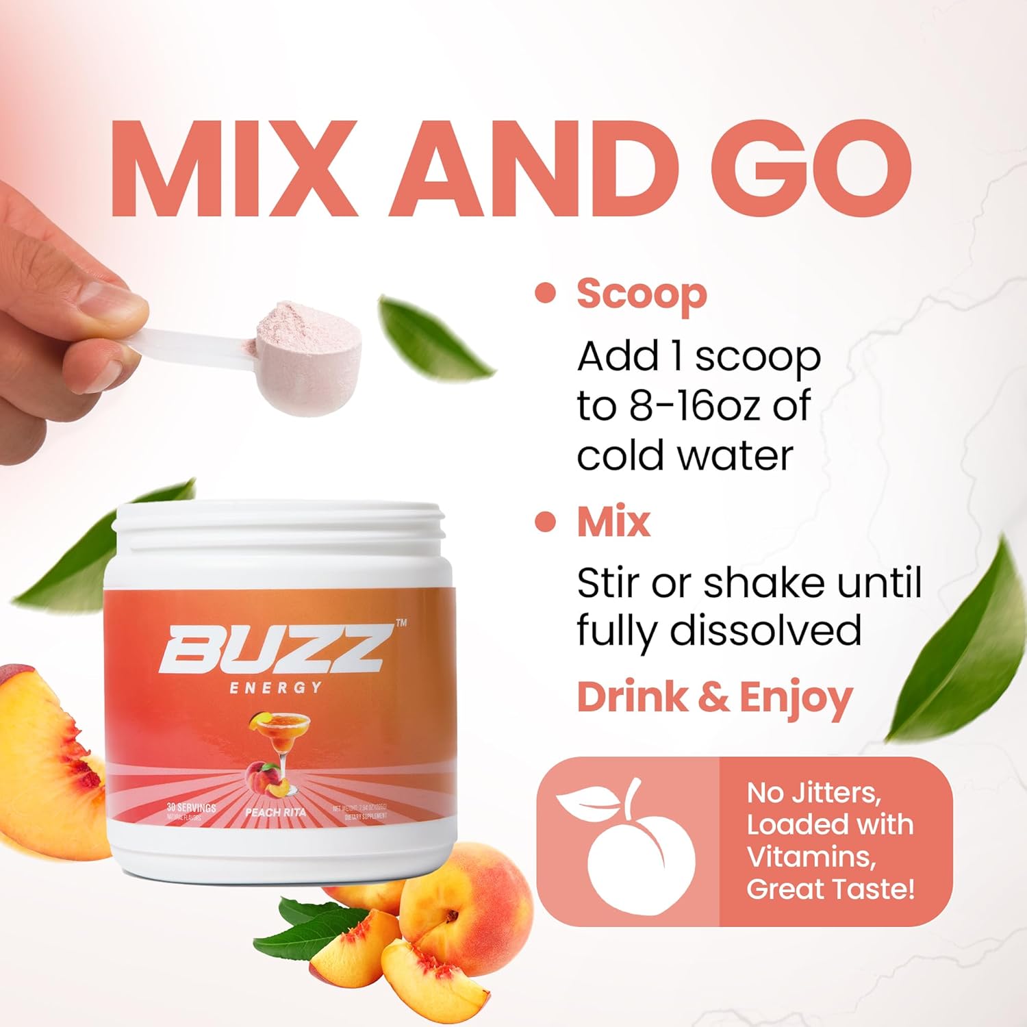 Morning Buzz Energy Drink Powder - Energy Boost Drink Mix - Sugar-Free Energy with Antioxidants - Morning Kickstart and Sports Nutrition Endurance Product - 30 Servings, Peach Rita, 8 Ounces