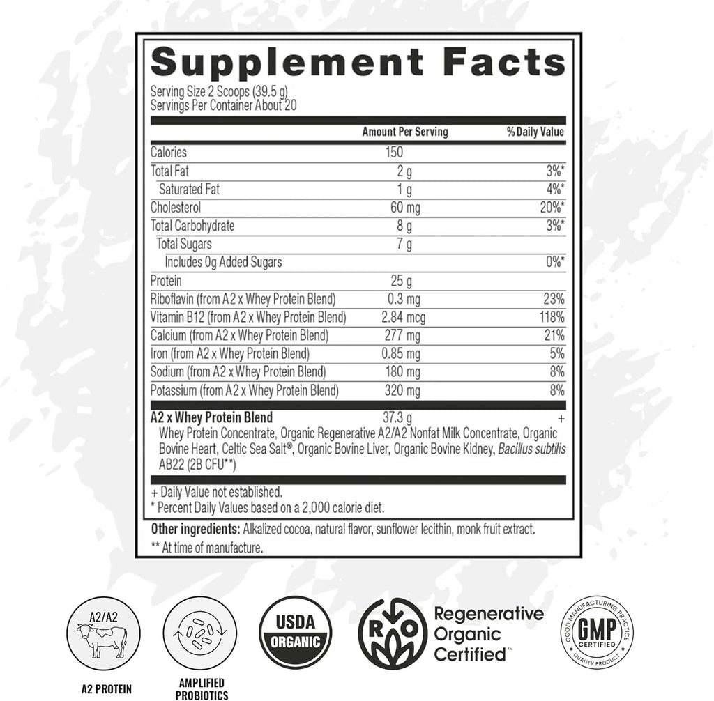 A2 Protein Powder, Chocolate Milk, 25 G Protein per Serving, Organic A2/A2 Whey Casein Blend with Probiotics and Celtic Sea Salt, Gluten Free Workout Supplement, Non GMO, 20 Servings, 27.4 Oz