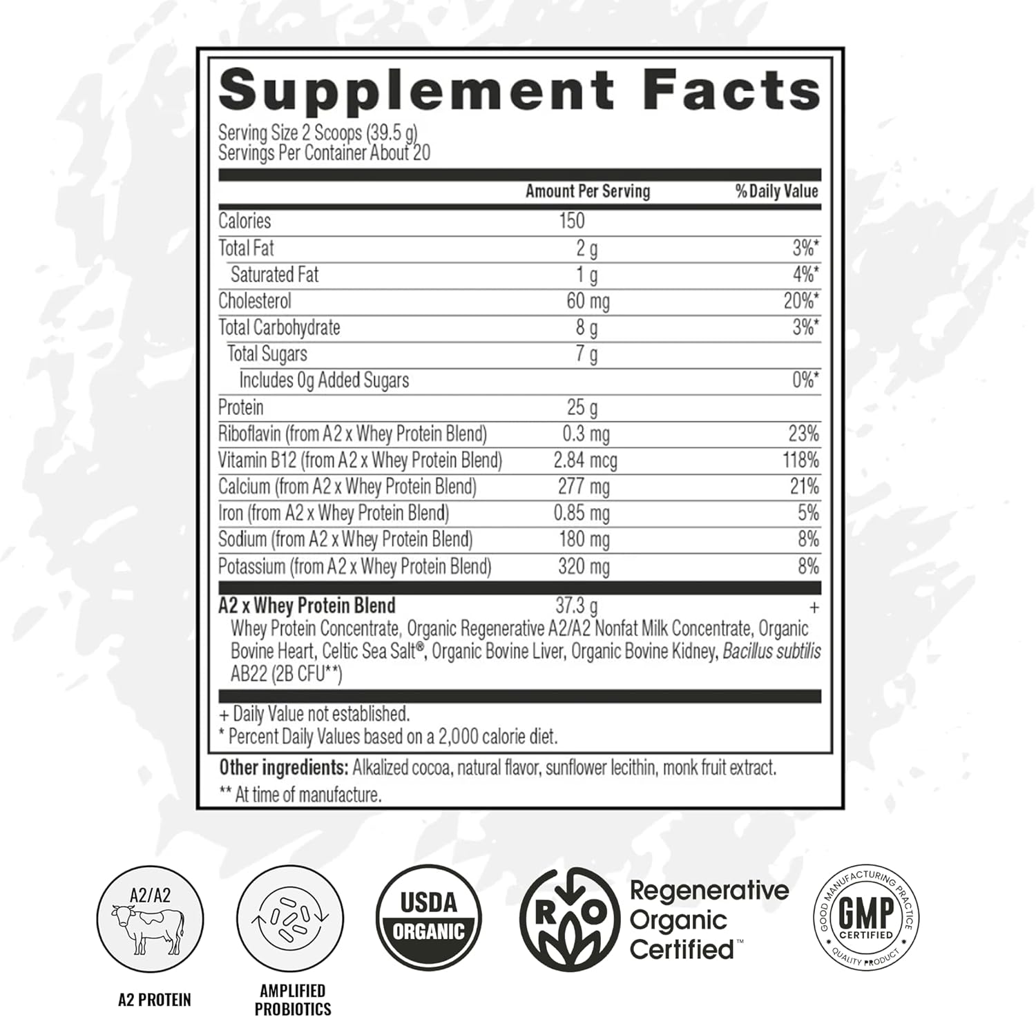 A2 Protein Powder, Chocolate Milk, 25 G Protein per Serving, Organic A2/A2 Whey Casein Blend with Probiotics and Celtic Sea Salt, Gluten Free Workout Supplement, Non GMO, 20 Servings, 27.4 Oz