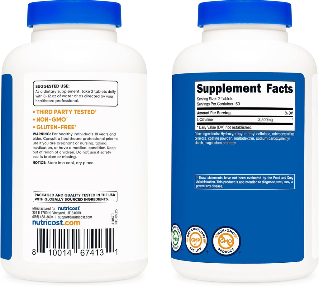 Nutricost L-Citrulline 2500mg Per Serving, 60 Servings, 1250mg Per Tablet, 120 Tabs - Non-GMO and Gluten Free Supplement