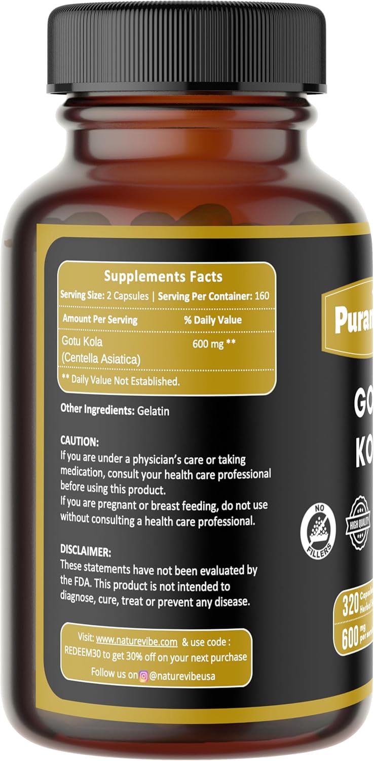 Gotu Kola Premium 320 Capsules Non GMO and Gluten Free | Herbal Supplement | 600 mg Per Serving | Made with 100% Pure Gotu Kola Powder