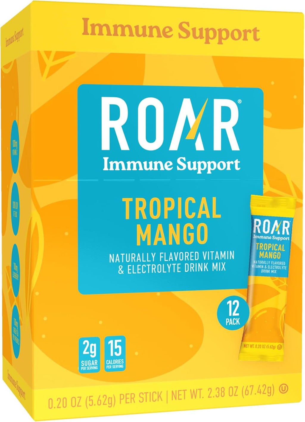 ROAR Immune Support Powder - Hydration Packets with Zinc and Elderberry - Electrolytes Powder - No GMOs, Gluten Free - Tropical Mango - 12 pc