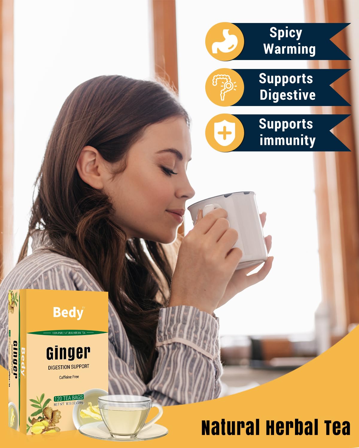 Bedy Ginger Tea Supports Healthy Digestion, Pure Natural Herbal Tea, Spicy & Warm, Caffeine Free, 120 Teabags Individually Wrapped