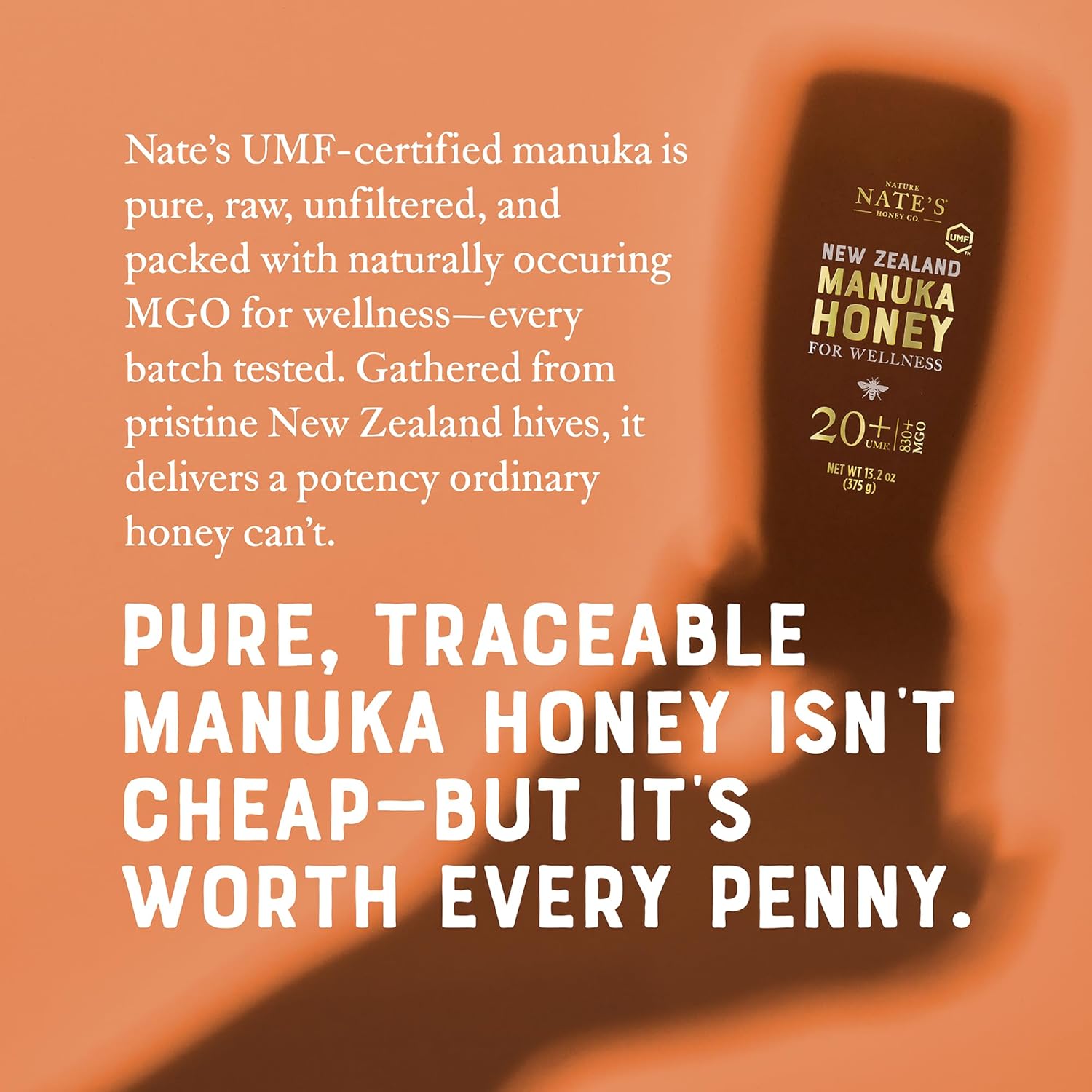 Nate's Pure Manuka Honey, Gold Edition | Sourced & Packed in New Zealand | MGO 830+ UMF Certified 20+ | 13.2 oz Squeeze Bottle
