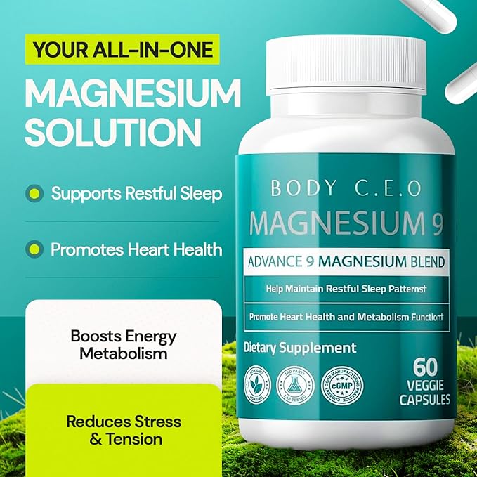 Body C.E.O. Magnesium 9 - Full-Spectrum Blend with Malate, Citrate, Glycinate, Taurate, Orotate & More - Supports Healthy Sleep, Calm, Muscle Relaxation & Focus - 60 Veggie Capsules