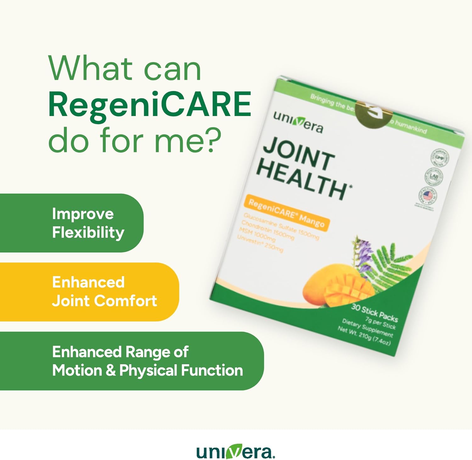 Univera RegeniCARE, Glucosamine, Chondroitin, MSM, Univestin, Joint Health, Joint Support, Easy to Carry (30-Day Supply, 7g x 30 Individual Packets)