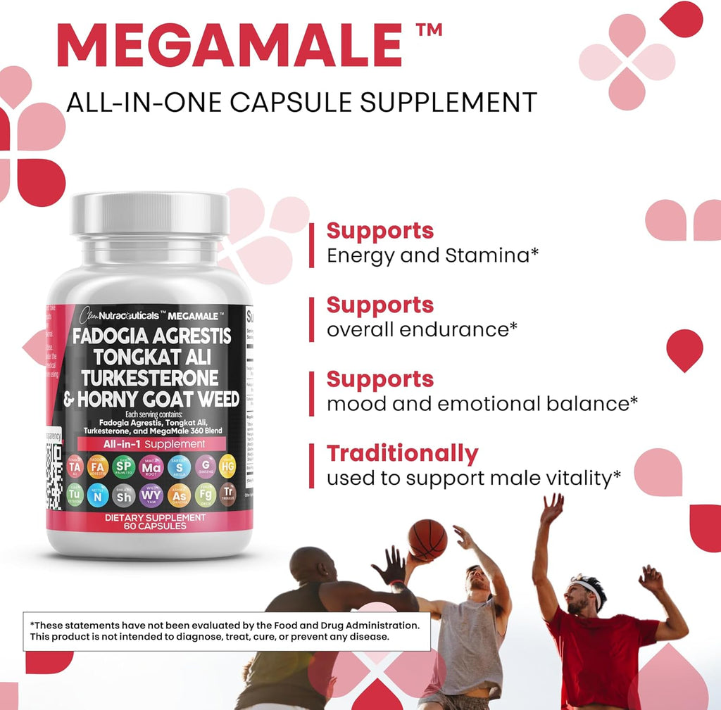 Clean Nutraceuticals Fadogia Agrestis Tongkat Ali Turkesterone Supplement with Horny Goat Weed, Saw Palmetto, Maca Root, Siberian Ginseng, Tribulus Terrestris, Fenugreek, Wild Yam - 60 Count