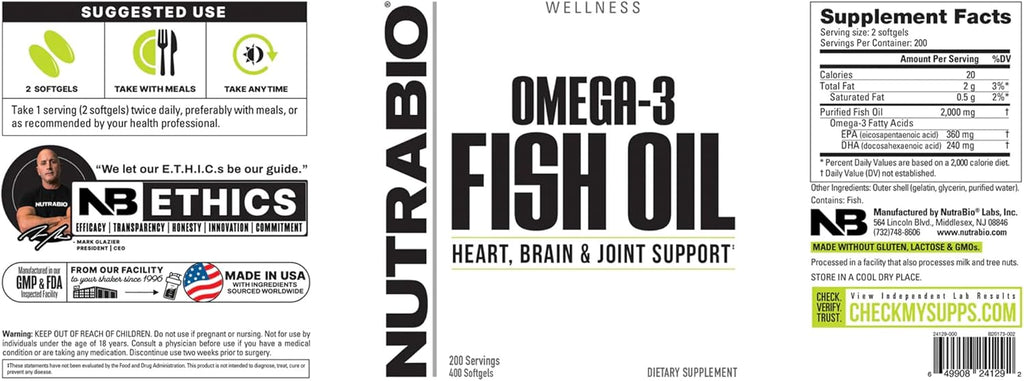 NutraBio Omega 3 Fish Oil Supplements, 2,000mg, 400 Softgels - EPA DHA Omega 3 Fatty Acid Supplement to Help Support a Healthy Heart