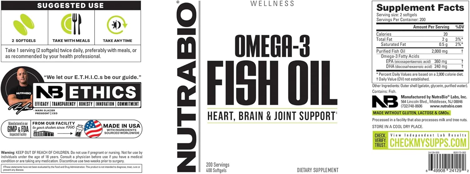 NutraBio Omega 3 Fish Oil Supplements, 2,000mg, 400 Softgels - EPA DHA Omega 3 Fatty Acid Supplement to Help Support a Healthy Heart