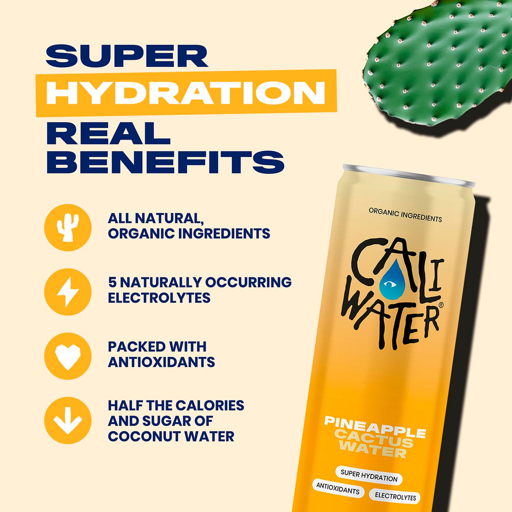 Caliwater - Organic Cactus Water - Pineapple - 5g Sugar, 35 Calories - Coconut Water Alternative - Natural Plant Based Hydration - Skin Care, Electrolyte Drinks - Flavored Water Beverages - 12 Cans