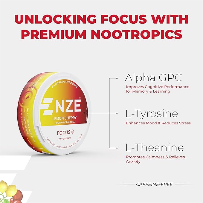 NZE Caffeine Free Nootropic Pouches (Lemon Cherry) - Nootropic Pouches with Alpha GPC, L-Tyrosine & L-Theanine - No Sugar or Artificial Sweeteners - 15 Pouches Per Can - 5 Pack