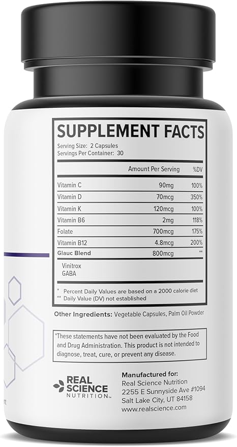 Real Science Glaucomol Miracle - Natural Eye Vitamins & Eye Supplements for Optic Nerve & Ocular Circulation Support – with Vitamins C, D & B12 for Vision Clarity & Eye Comfort – Made in USA, 60 Caps