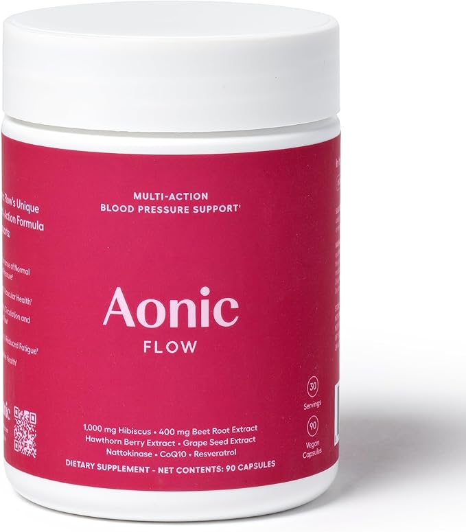 AONIC Flow | Healthy Blood Pressure Support | Multi-Action Formula with 1gr Hibiscus, 400mg Beet Root Extract (100mg Nitrates) CoQ10, Resveratrol & Hawthorn, Non-GMO & Vegan (90 Capsules)