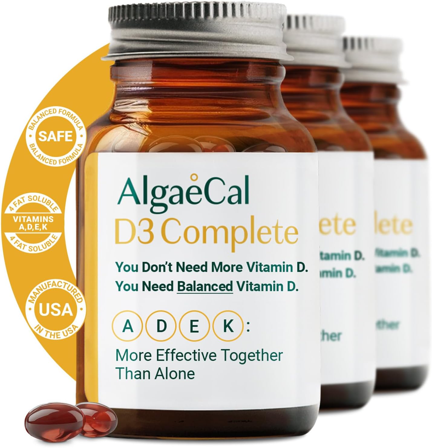 ALGAECAL 4-in-1 Vitamin D3 K2 Complete - ADK Vitamin Supplement, Enhanced Immune Support & Bone Health with D3 K2, A, & E - Whole Body Wellness & Bone Strength, 60 Easy-Swallow Softgels