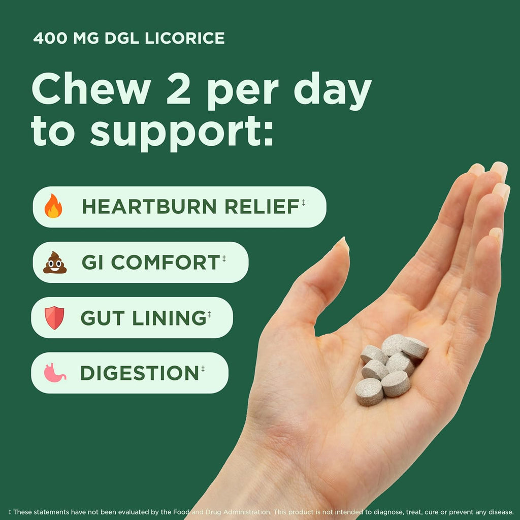 Chewable Ultra-Pure DGL Licorice Tablets 4000 mg – Stomach, Gut & Intestinal Relief – Natural Acid Reflux Formula – 10:1 Deglycyrrhizinated Licorice Root Extract – 120 Chewables