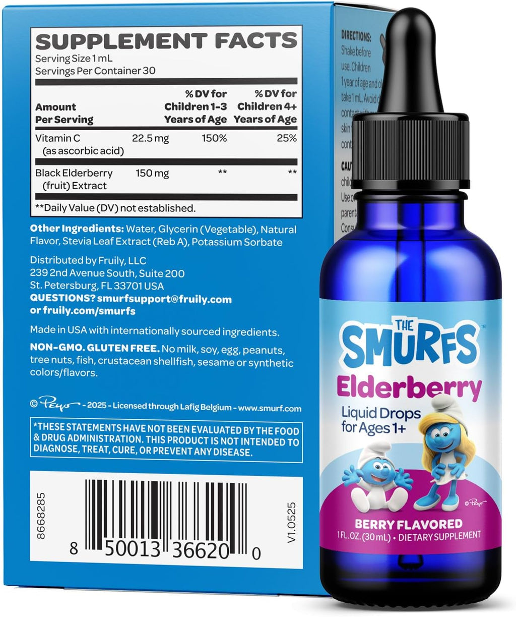 Smurfs Kids Elderberry Drops | Liquid Vitamin C and Elderberry for Kids Immune Support | Ages 1 & Up | Vegan Non-GMO & No Artificial Flavors or Colors | No Added Sugar | Berry Flavor | 30 Servings