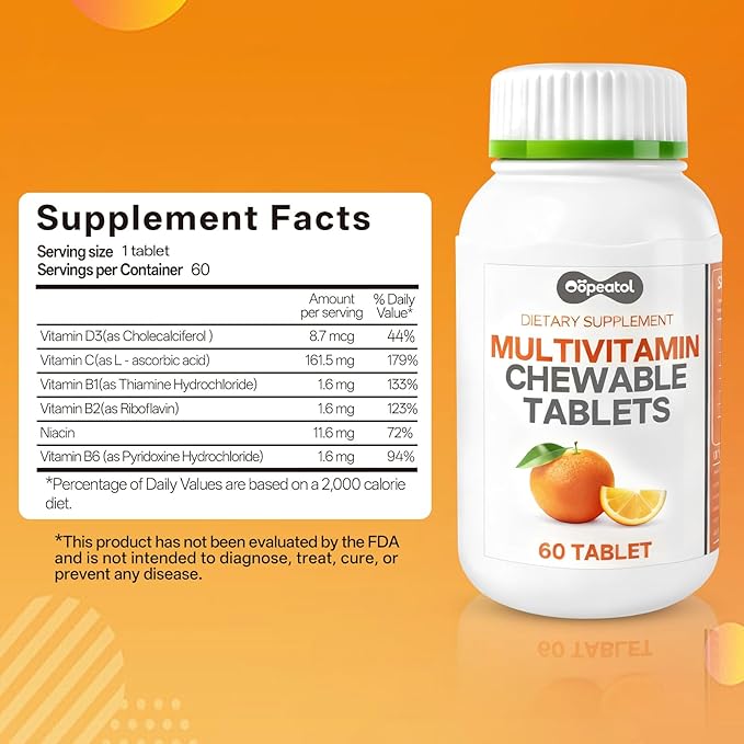 Multivitamin for Adults with Vitamin C, D3 & B Vitamins | Daily Increase Body Protection, Energy & Bone and Joint Equilibrium and Health | 60 Chewable Tablets for Men & Women, 2 Month Supply