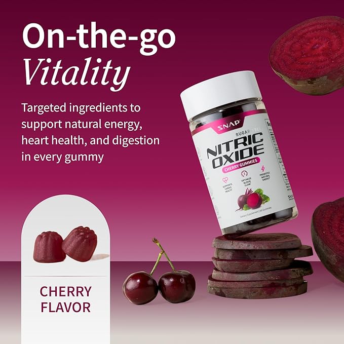 Snap Supplements Nitric Oxide Beet Root Gummies – Beet Root Supplement with Pomegranate Powder Supports Healthy Circulation & Natural Energy, 60 Sugar-Free Gummies (1 Month Supply), Cherry