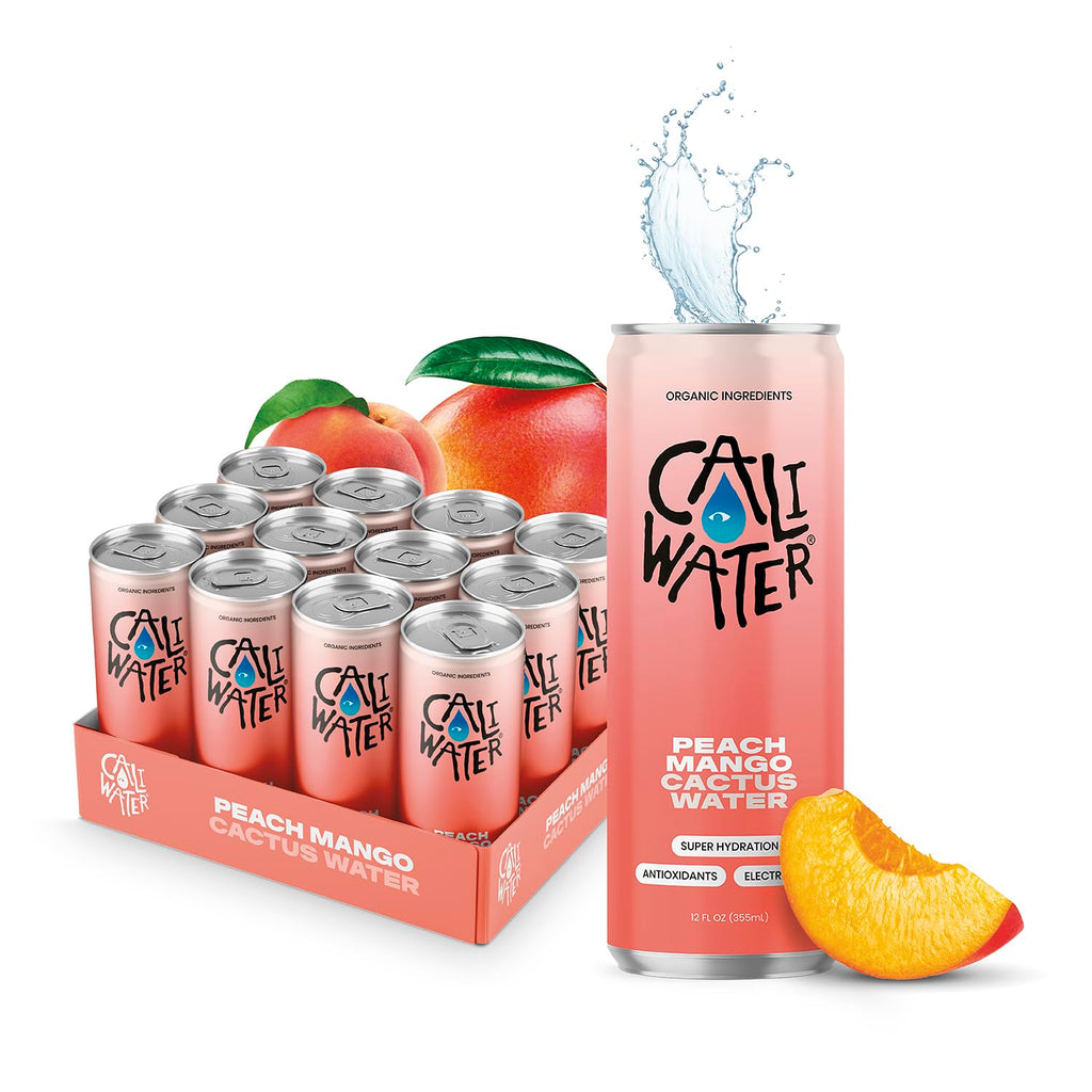 Caliwater - Organic Cactus Water - Peach Mango - 6g Sugar, 30 Calories - Coconut Water Alternative - Natural Plant Based Hydration - Skin Care, Electrolyte Drinks - Flavored Water - 12 Cans