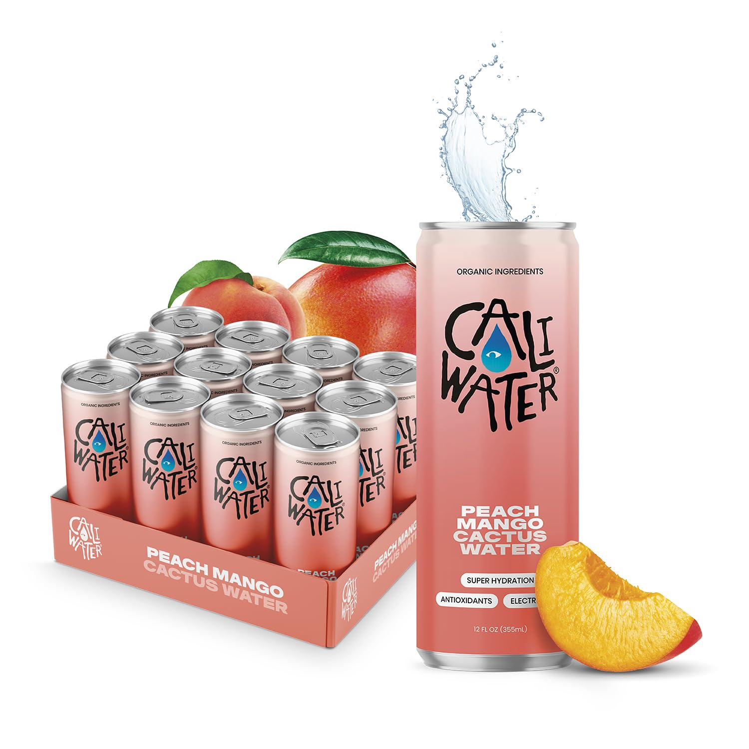 Caliwater - Organic Cactus Water - Peach Mango - 6g Sugar, 30 Calories - Coconut Water Alternative - Natural Plant Based Hydration - Skin Care, Electrolyte Drinks - Flavored Water - 12 Cans