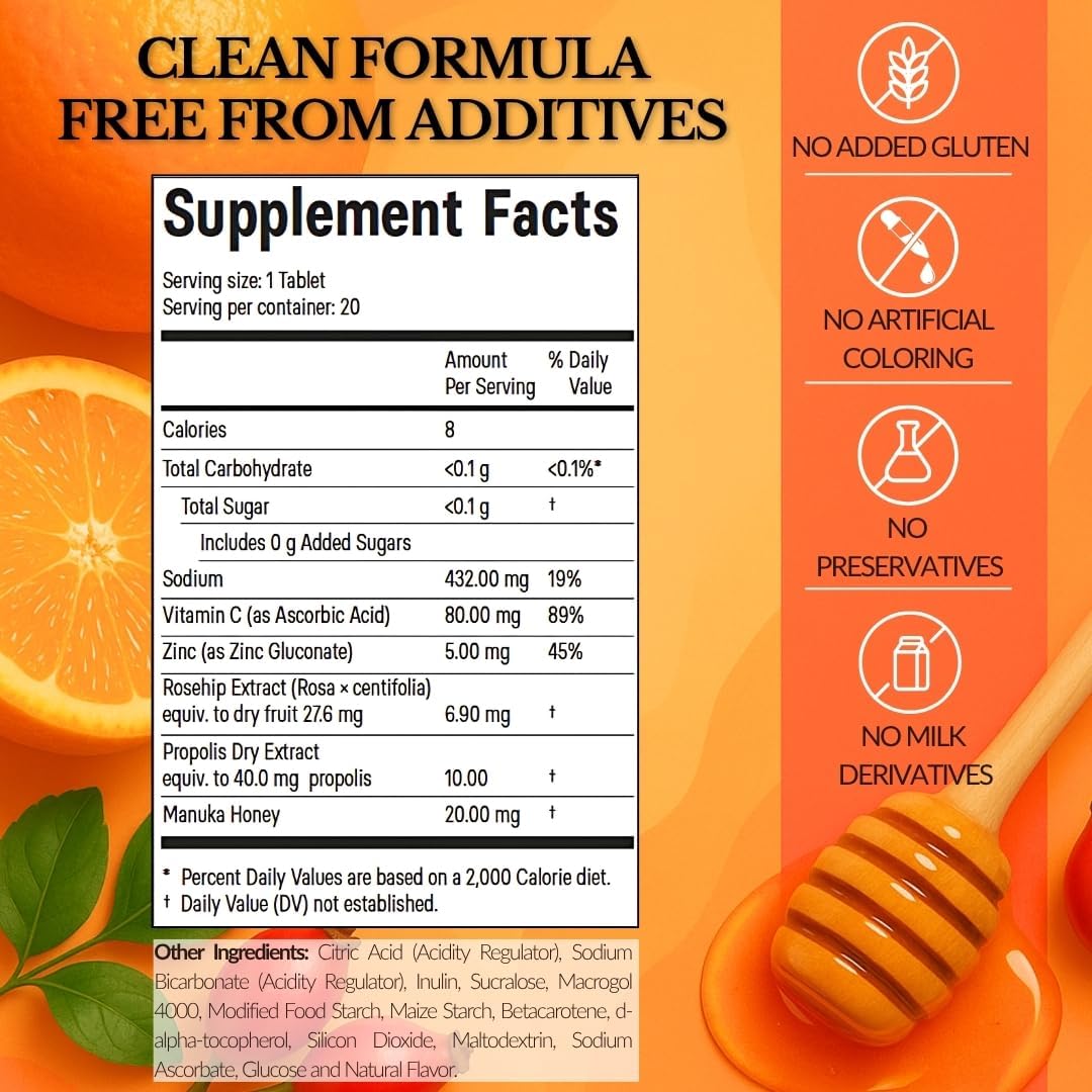 5 in 1 Immunity Plus – Immune Support & Antioxidant Supplement – Vitamin C, Zinc, Manuka Honey, Rosehip & Propolis – Natural Zesty Orange Flavor – 60 Day Supply Effervescent Tablets