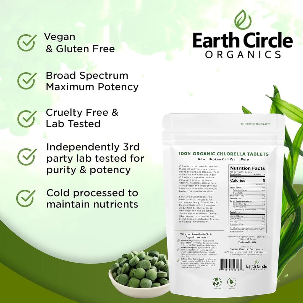 Organic Chlorella Tablets 400 Count | High Potency Superfood | Chlorophyll Pills from 100% Pure Green Algae | Broken Cell Wall for Maximum Absorption | Vegan, Kosher, Non-GMO | 4 Tabs per Day (2-Pack)
