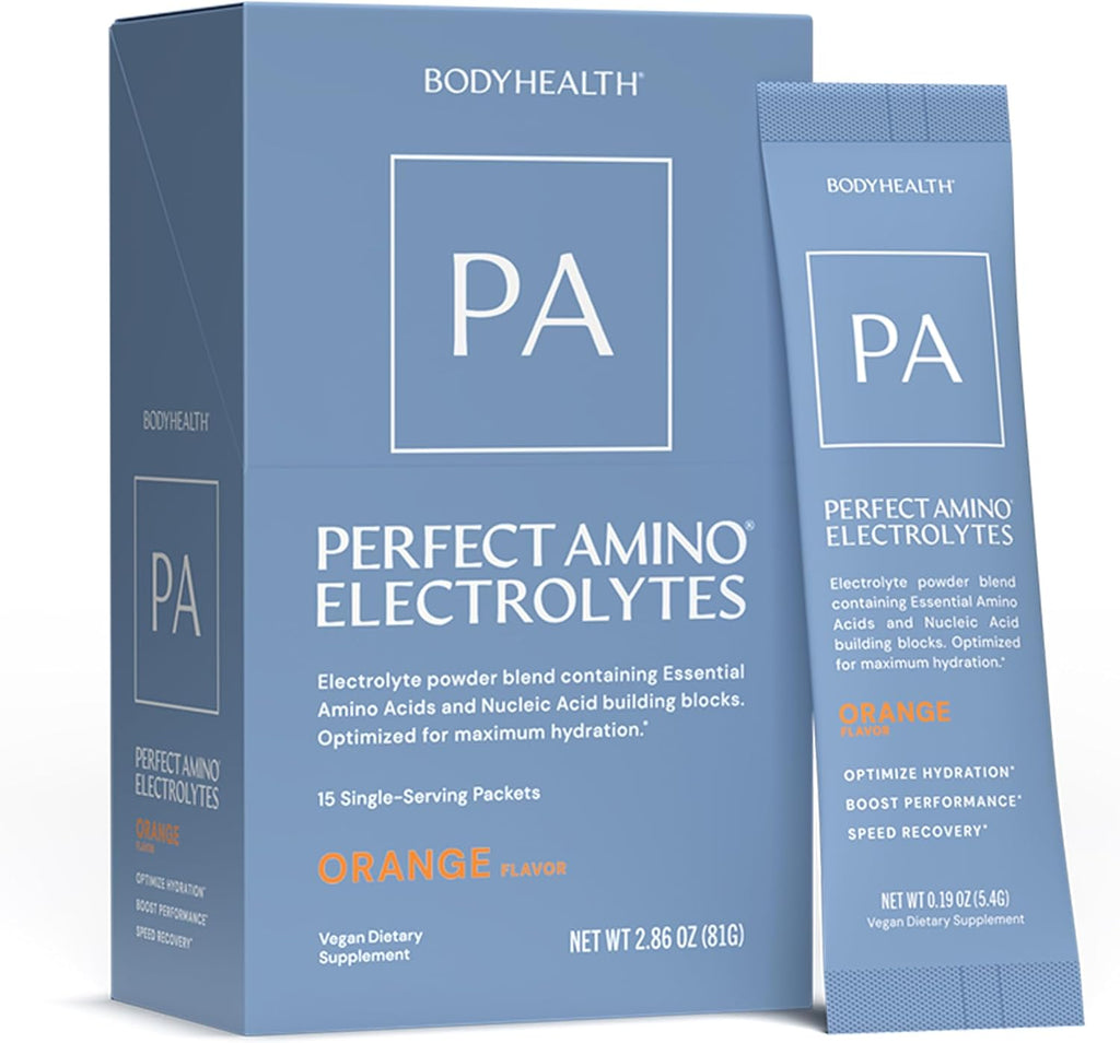 BodyHealth PerfectAmino Electrolyte Drink Mix – Orange – No Sugar, Keto & Fasting Friendly, Hydration with Trace Minerals – Stick Packs