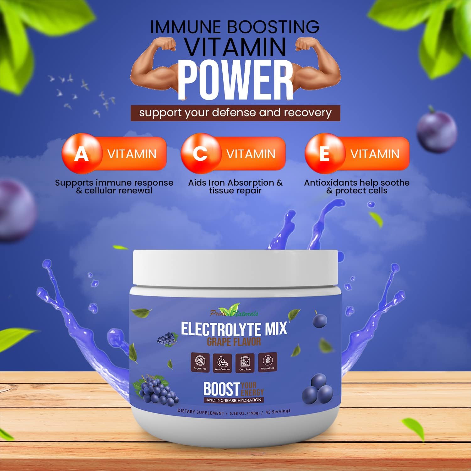 Electrolyte Powder - Refreshing Workout Recovery Electrolytes, Sugar Free, Gluten Free & Vegan, Pure Keto & Paleo Hydration Beverage, Immune Boosting Vitamins (198 Grams, Grape)