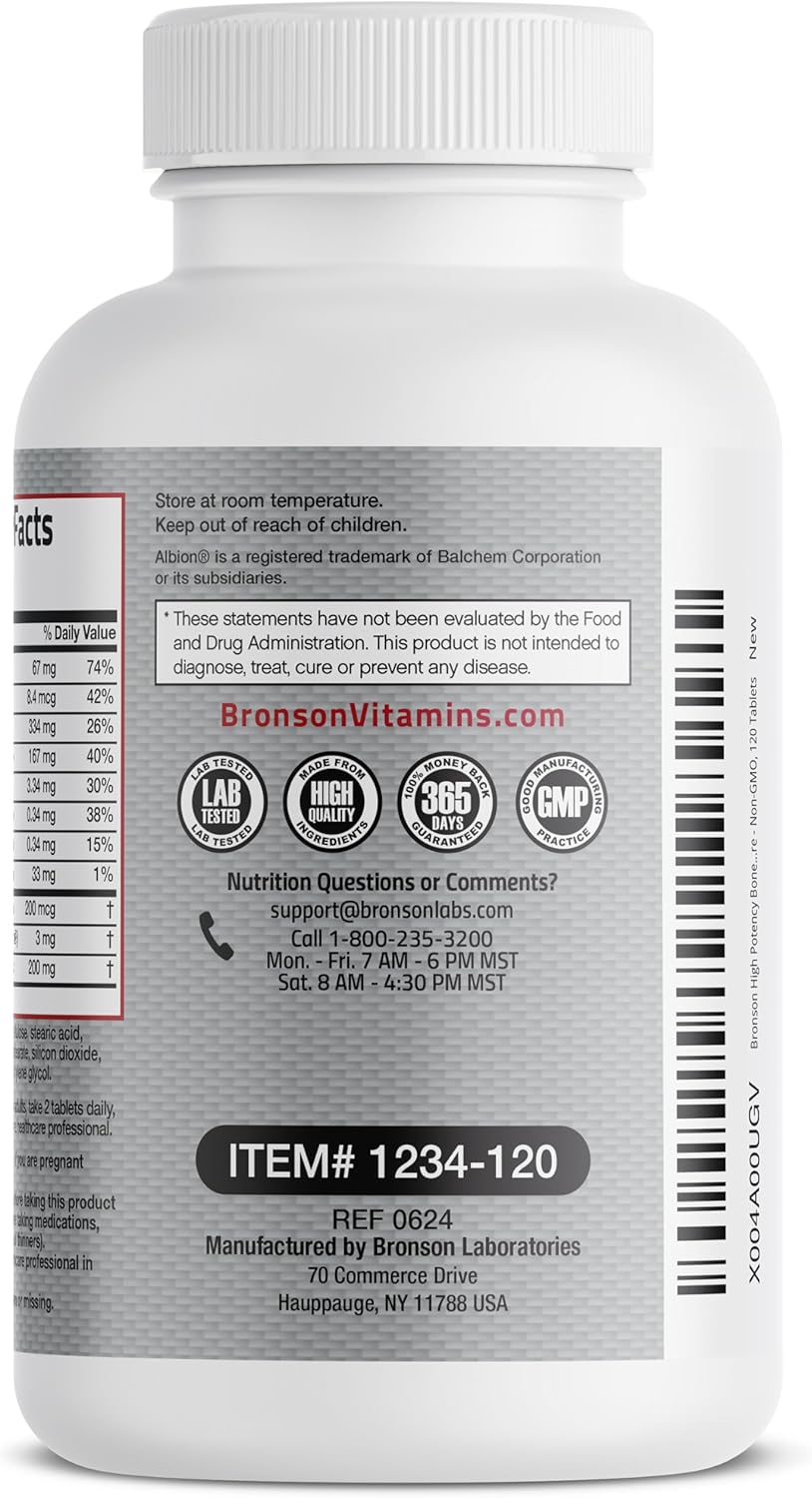 Bronson Bone Health & Strength Complex* High Potency Formula 200 MCG of Vitamin K2 as MK7, Plus Calcium, Boron, Cissus Quadrangularis, Magnesium, Vitamin D3, and More - Non-GMO, 120 Tablets