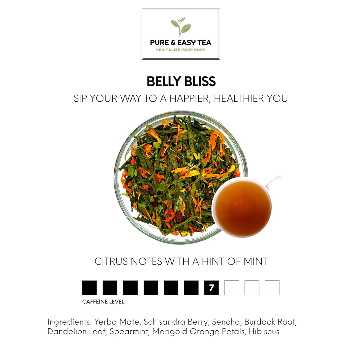 Pure And Easy Tea, Belly Bliss, Natural Detox & Bloating Relief Tea, 100% Natural Loose Leaf Slimming Blend with Yerba Mate, Dandelion Leaf, Caffeinated, 30-Day Supply, 100g