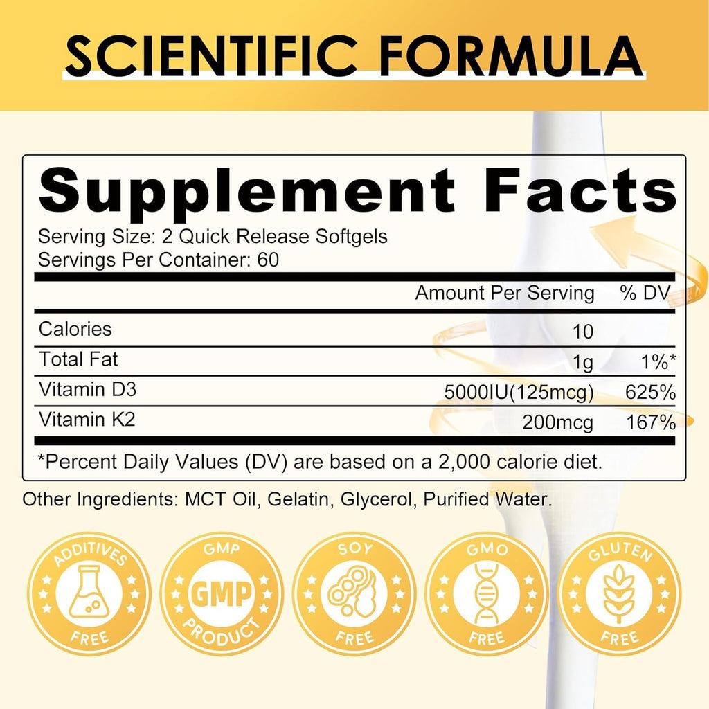 Vitamin D3 K2 Supplement with Vitamin D3 5000 IU, 200 mcg Vitamin K2 MK-7 & Natural Coconut Oil, Plant Based 2-1 Formula for Bone, Teeth, Muscle and Immune Health Support (120 Count (Pack of 2))