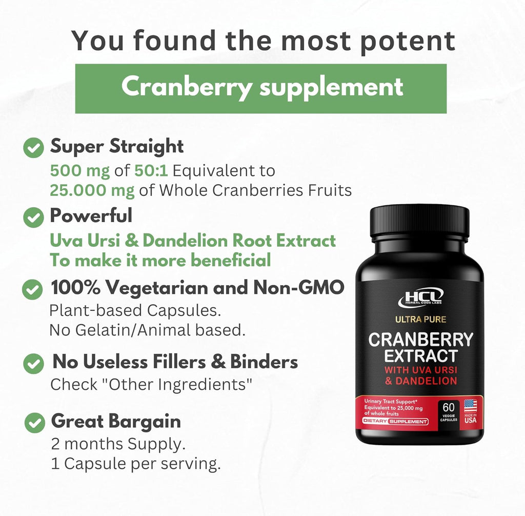 Cranberry Extract Pills - Super Strength 50:1 Whole Fruit Concentrate Equals to 25,000mg of Fresh Cranberries Plus Dandelion & Uva Ursi - Natural UTI Support - Kidney Cleanse & Urinary Tract Health