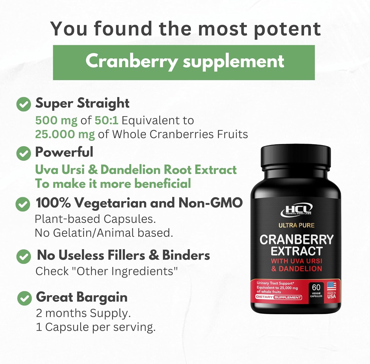 Cranberry Extract Pills - Super Strength 50:1 Whole Fruit Concentrate Equals to 25,000mg of Fresh Cranberries Plus Dandelion & Uva Ursi - Natural UTI Support - Kidney Cleanse & Urinary Tract Health