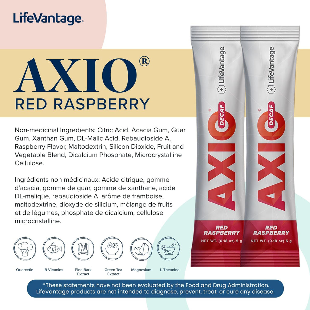 LifeVantage AXIO Regular Energy Drink Powder, Nootropic Supplement, Focus & Mood Support, with L-theanine, Green Tea, B Vitamins, DMAE, Quercetin & Pine Bark, Red Raspberry, 30 Packets