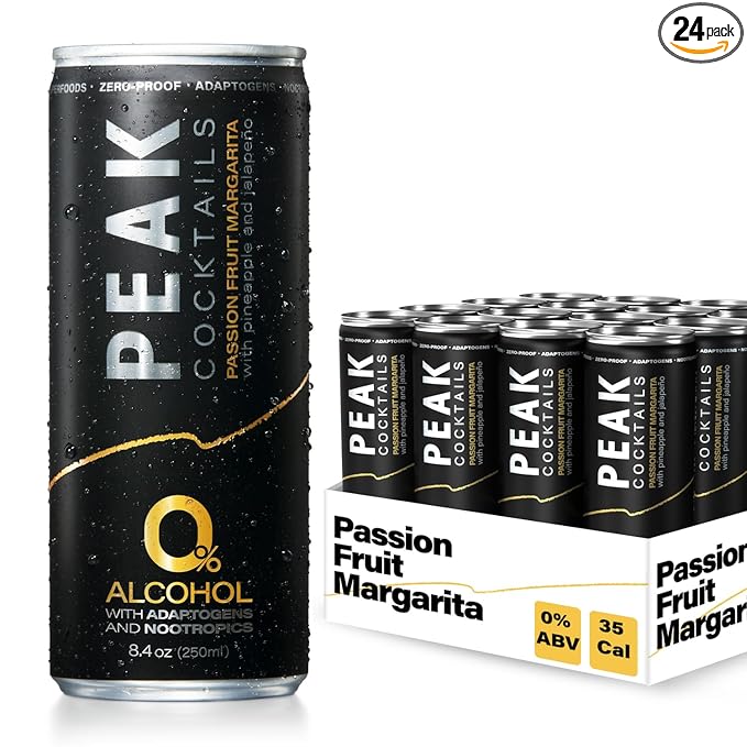Peak Cocktails Non-Alcoholic Cocktail | Mixologist-made | Adaptogens, Nootropics, Superfoods for Recovery, Calm, Sleep | Ashwagandha, Tart Cherry, L-Theanine | Passion Fruit Margarita | 8.4oz, 24-Pack