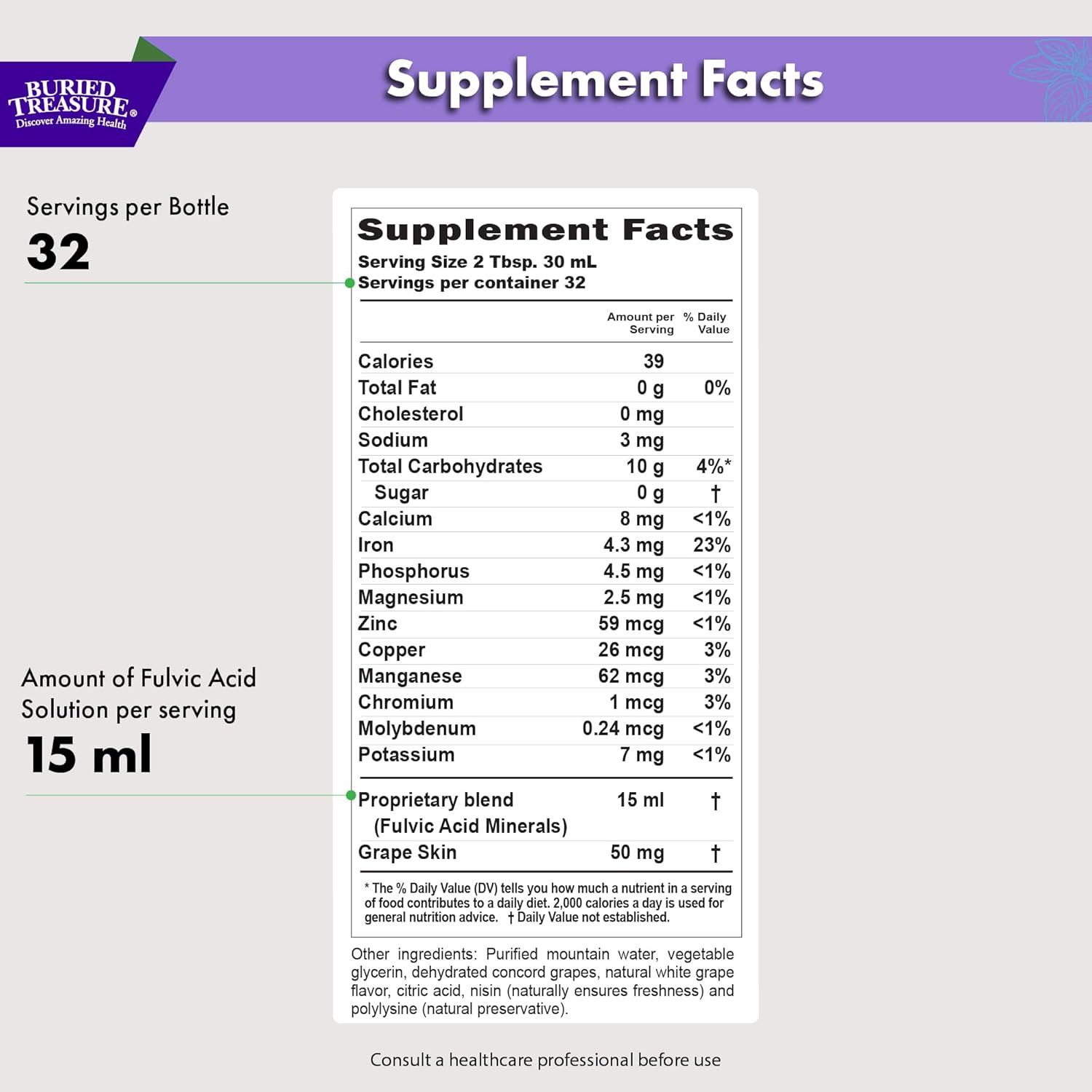 Buried Treasure Fulvic Minerals Grape Flavored – Colloidal Minerals from Humic Fulvic Acid, Electrolytes from Trace Minerals for Recovery and Wellness Support. Add to Water – 32 Servings