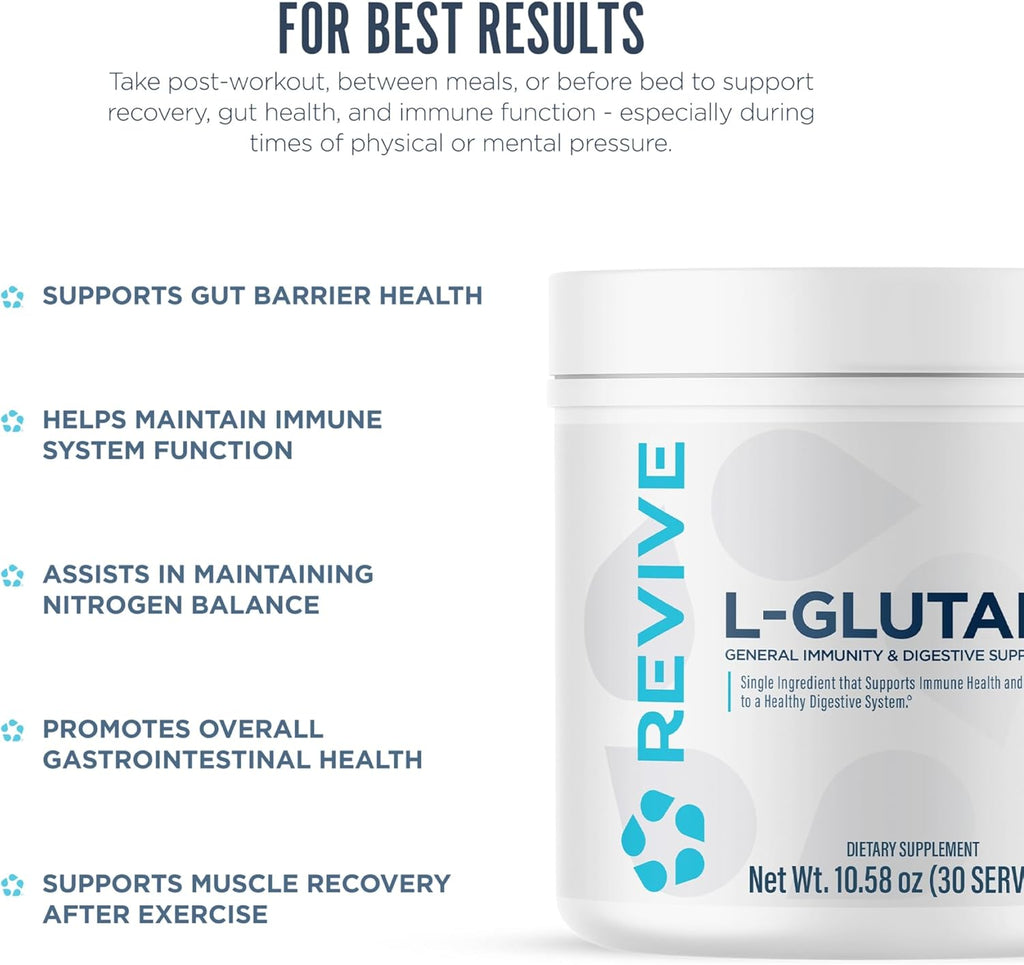 Revive MD Gut L-Glutamine Powder – Muscle Recovery & Immune Support Supplement for Adults – Promotes Digestive Health, Reduces Muscle Soreness & Supports Immunity – Vegan (30 Servings)