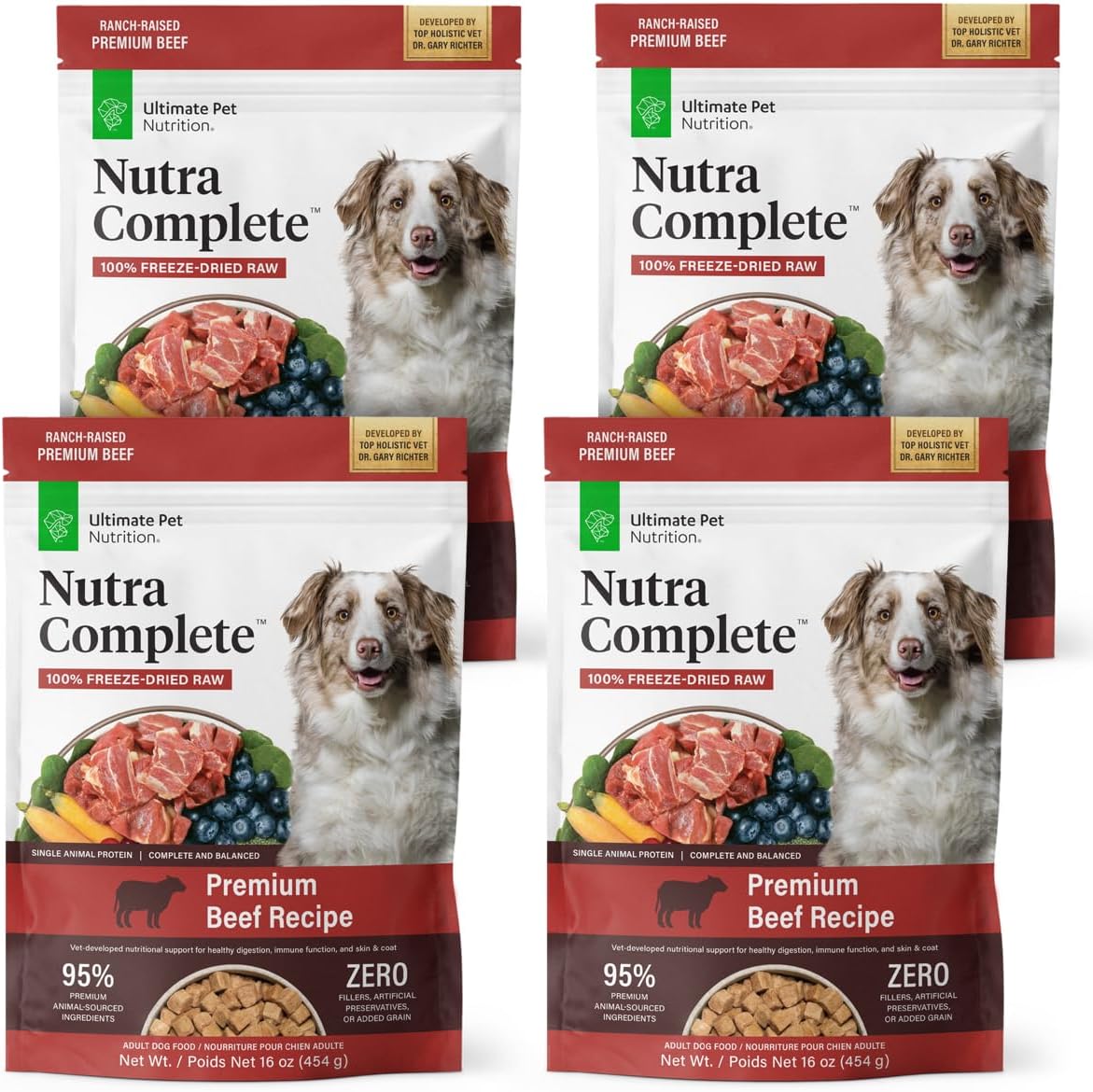 ULTIMATE PET NUTRITION Nutra Complete, 100% Freeze Dried Veterinarian Formulated Raw Dog Food with Antioxidants Prebiotics and Amino Acids, (1 Pound (Pack of 4), Beef)