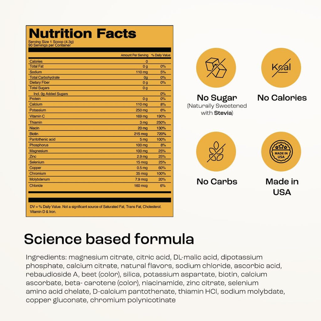 KEY NUTRIENTS Multivitamin Electrolytes Powder No Sugar - Tropical Peach Mango Electrolyte Powder - Endurance & Energy Supplement - Hydration Powder - No Calories - 90 Servings - Made in USA