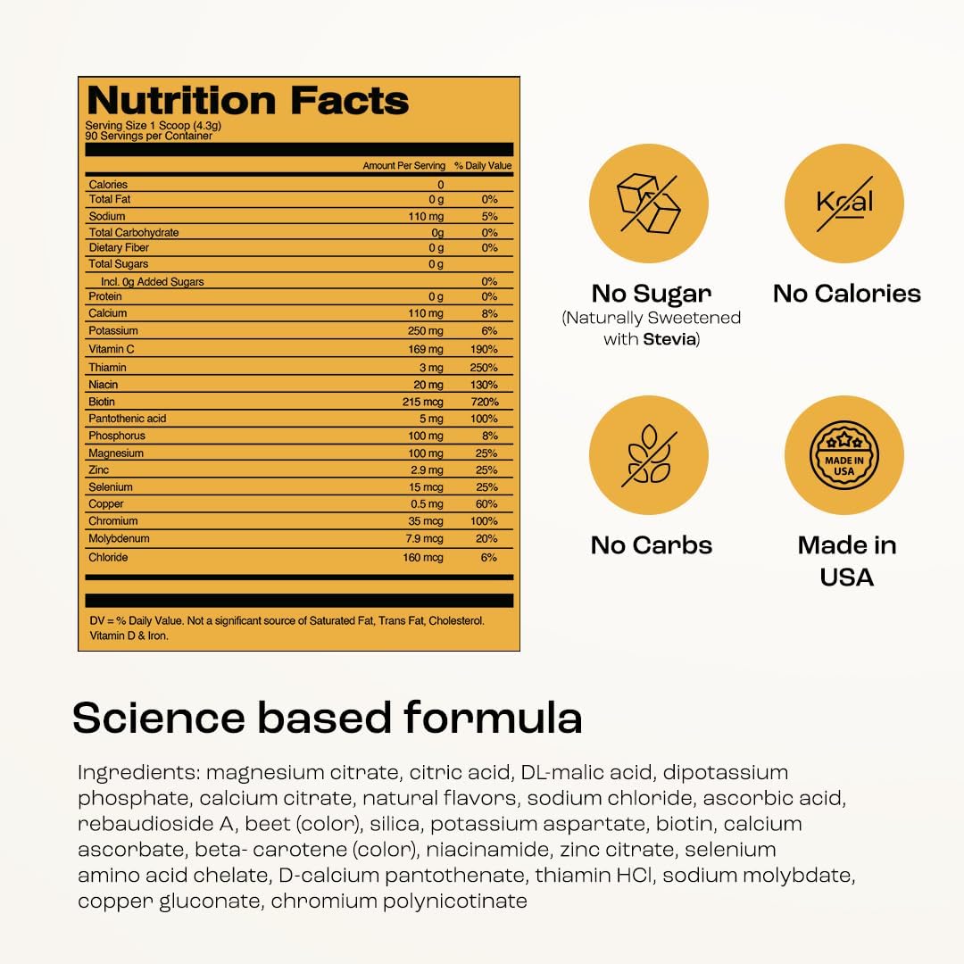 KEY NUTRIENTS Multivitamin Electrolytes Powder No Sugar - Tropical Peach Mango Electrolyte Powder - Endurance & Energy Supplement - Hydration Powder - No Calories - 90 Servings - Made in USA