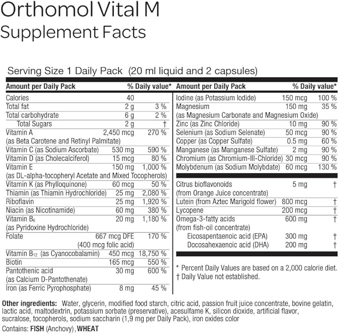 Orthomol Vital M – Daily Multivitamin for Men, Vitamins A, B, C, D3, E, K, Zinc, Iodine & Omega-3, Supports Energy, Vitality, Immune Health & Metabolism, 7-Day Supply, Liquid+ Capsules Supplement