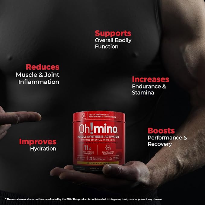 Oh!mino BCAAs + EAAs, All 9 Essential Amino Acids for Muscle Growth & Recovery, Tropical Flavor, Stimulant-Free, Sugar-Free Pre/Intra Post Workout Supplement, Non-GMO
