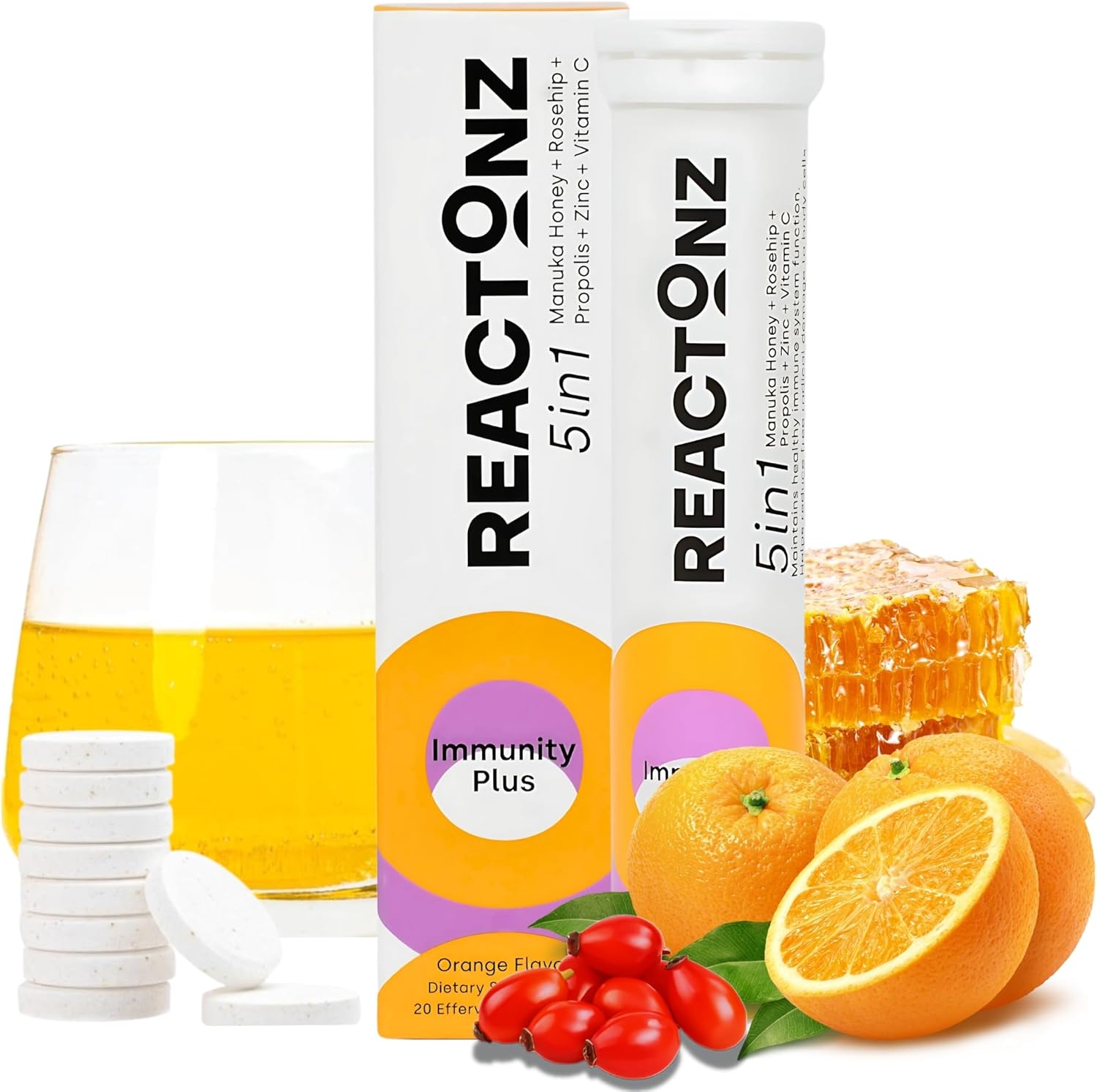 5 in 1 Immunity Plus – Immune Support & Antioxidant Supplement – Vitamin C, Zinc, Manuka Honey, Rosehip & Propolis – Natural Zesty Orange Flavor – 20 Day Supply Effervescent Tablets