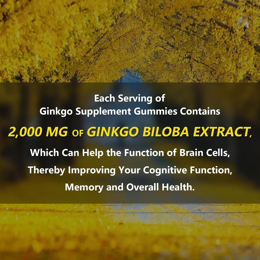 2 Packs 2000mg Ginkgo Biloba Gummies - Ginkgo Biloba Supplements for Brain Health Support, Improve Mood and Focus, Energy, Adult, Strawberry Flavor, 120 Count