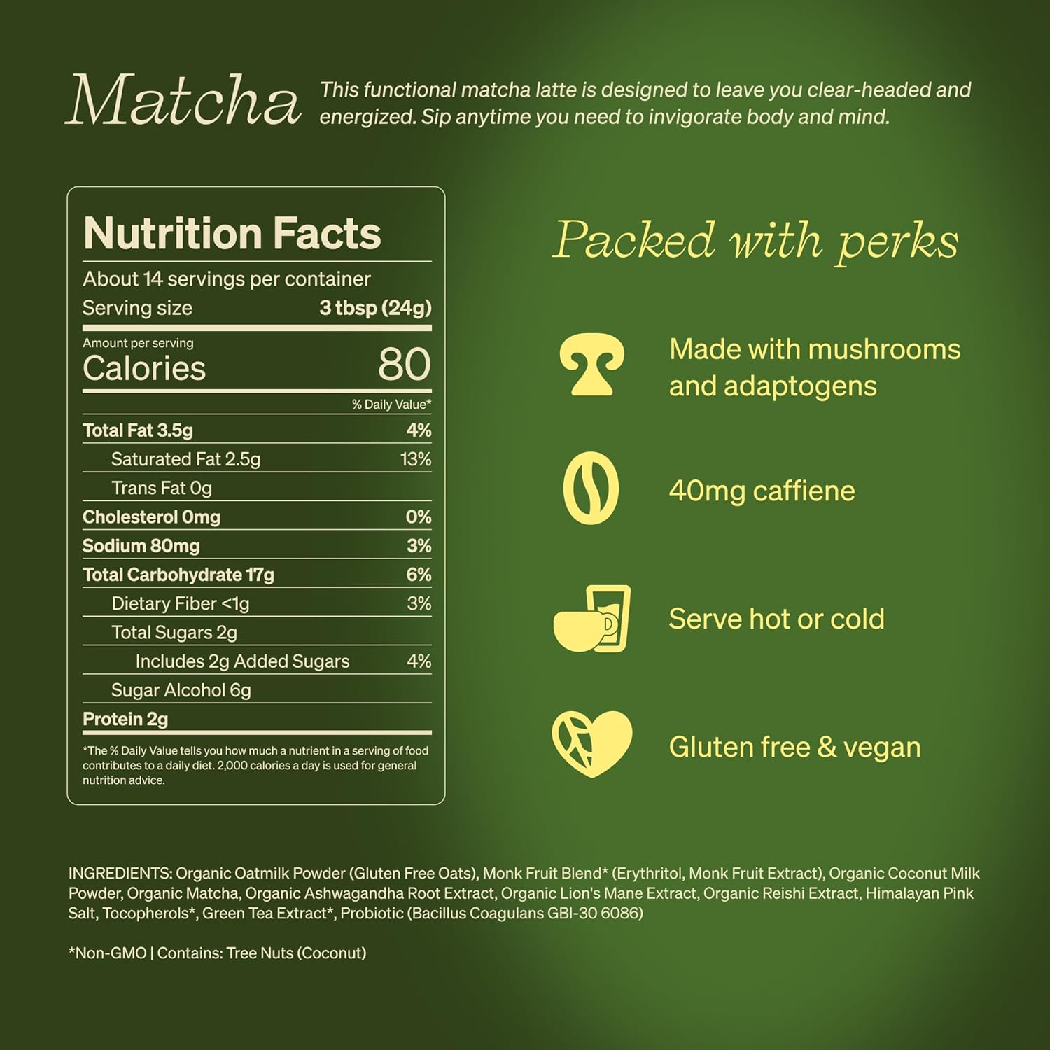Clevr Blends Organic Matcha Green Tea Latte, Instant Ceremonial Grade, Superfood Powder Blend with Oat Milk, Lions Mane, Reishi Mushroom, Coconut Cream, Ashwagandha, Serve Hot or Iced, (14 Lattes)