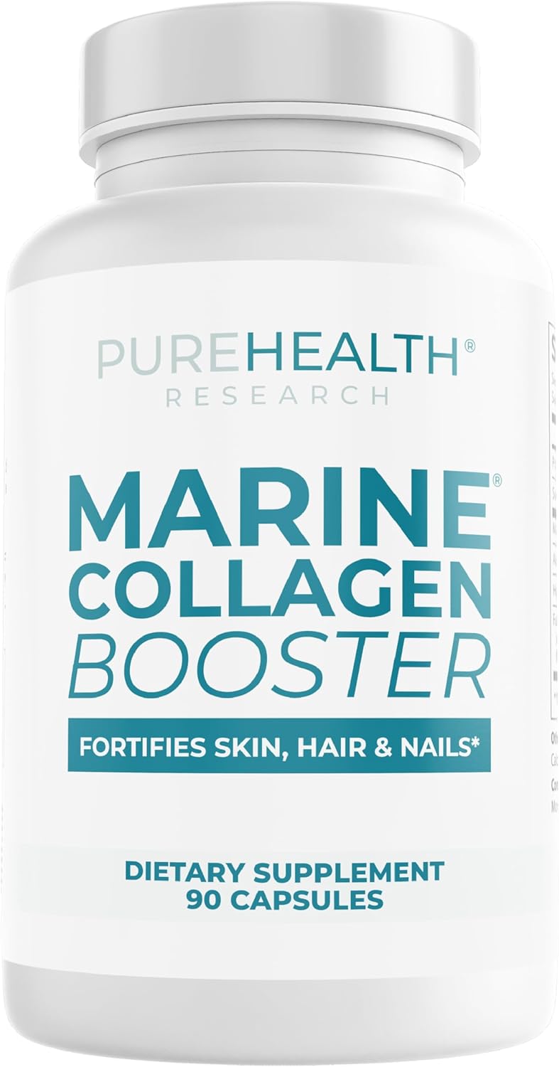 PUREHEALTH RESEARCH Marine Collagen Supplement - with Hyaluronic Acid, Aloe Vera Leaf Extract, Morikol Marine Collagen Tripeptides & Vitamin E - 90 Capsules
