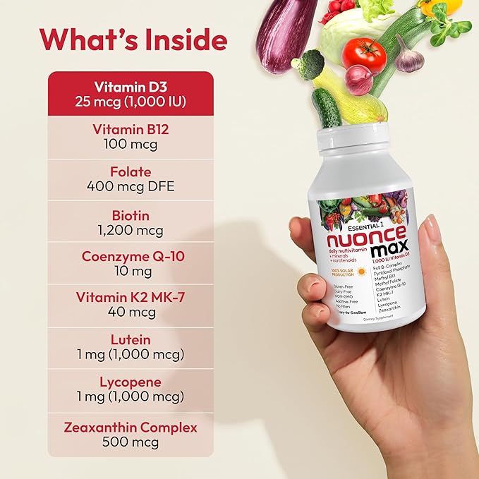 ANDREW LESSMAN Essential-1 nuonce max Multivitamin 1000 IU Vitamin D3 60 Small Capsules. 100 mcg Methyl B12. CoQ10 Lutein Lycopene Zeaxanthin. High Potency. No Additives. Ultra-Mild One Daily Capsule