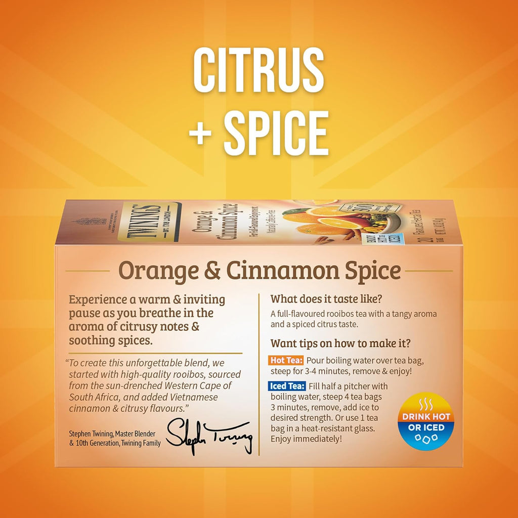 Twinings Orange & Cinnamon Spice Herbal Tea Individually Wrapped Bags, 20 Count (Pack of 6), Naturally Caffeine-Free, Enjoy Hot or Iced, 120 Teabags