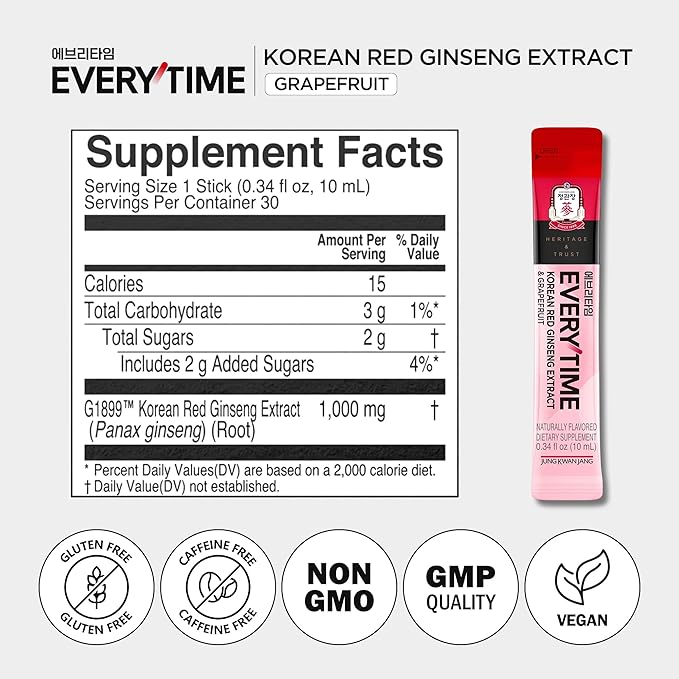 JUNG KWAN JANG Everytime Korean Red Ginseng Extract Stick 1,000mg & Grapefruit - Vegan Ginseng Root Energy Drink Liquid Stick Supplements - Builds Stamina & Immunity, No Caffeine (30 Sticks)